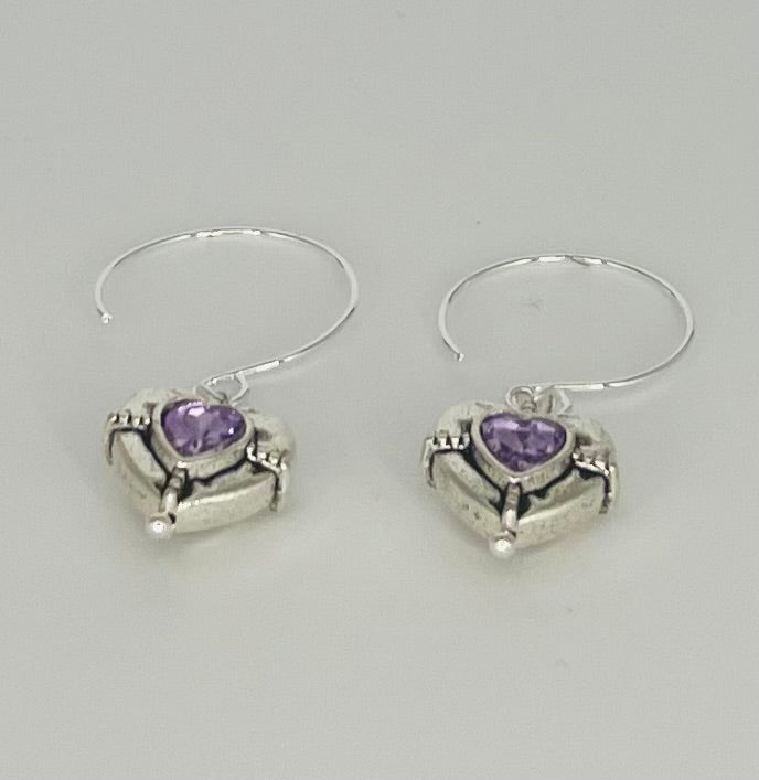 Silver Tone Heart Earrings - Choose from Amethyst or Crystal