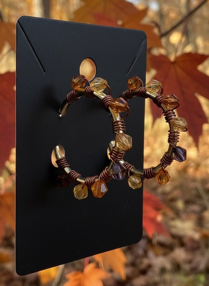 Hand-Wrapped Copper Hoop Earrings with Autumn-Toned Faceted Beads