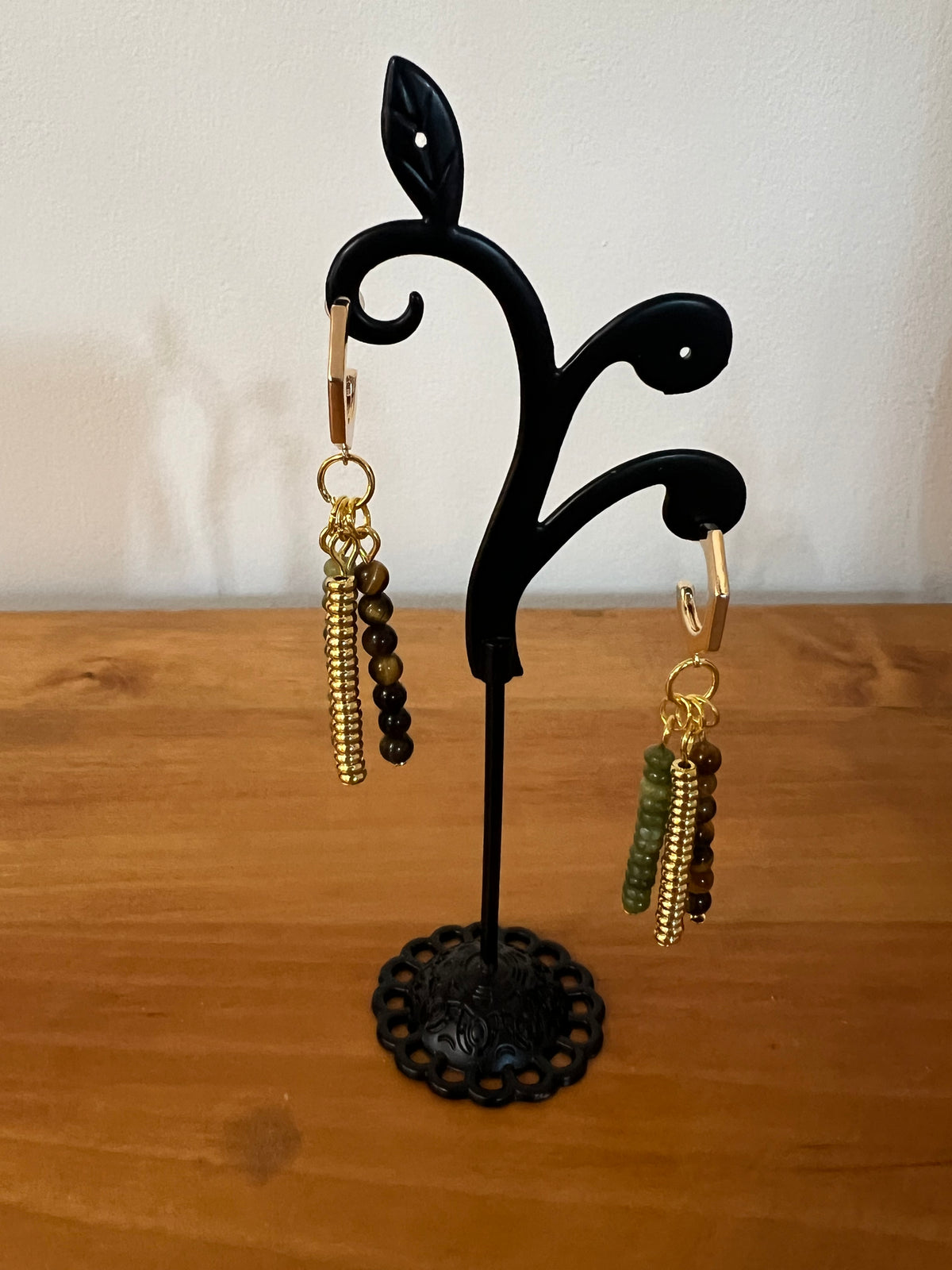 Tiger Eye & Olive Jade Triple-Drop Earrings - Golden Harvest Collection
