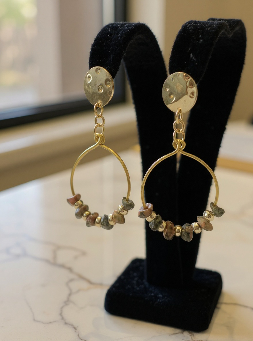Hand-Shaped Gold Tone Hoops Earrings with Gold and Green/Pink Stones