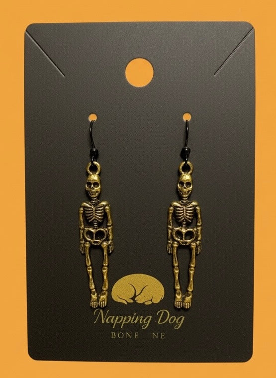 Antique Gold Skeleton Dangle Earrings – Black Ear Wire Halloween Jewelry