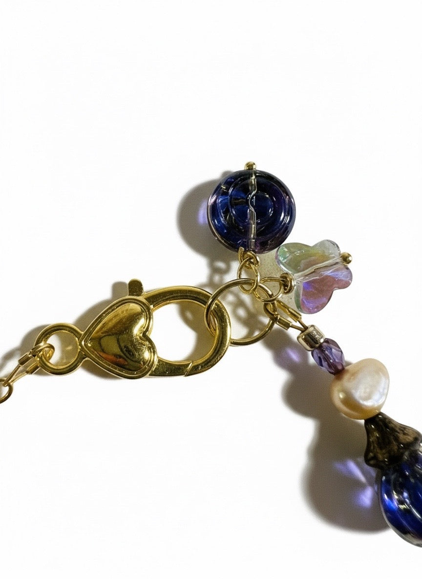 Purple Czech Glass & Peach Pearl Bracelet – Gold-Plated Floral Bracelet