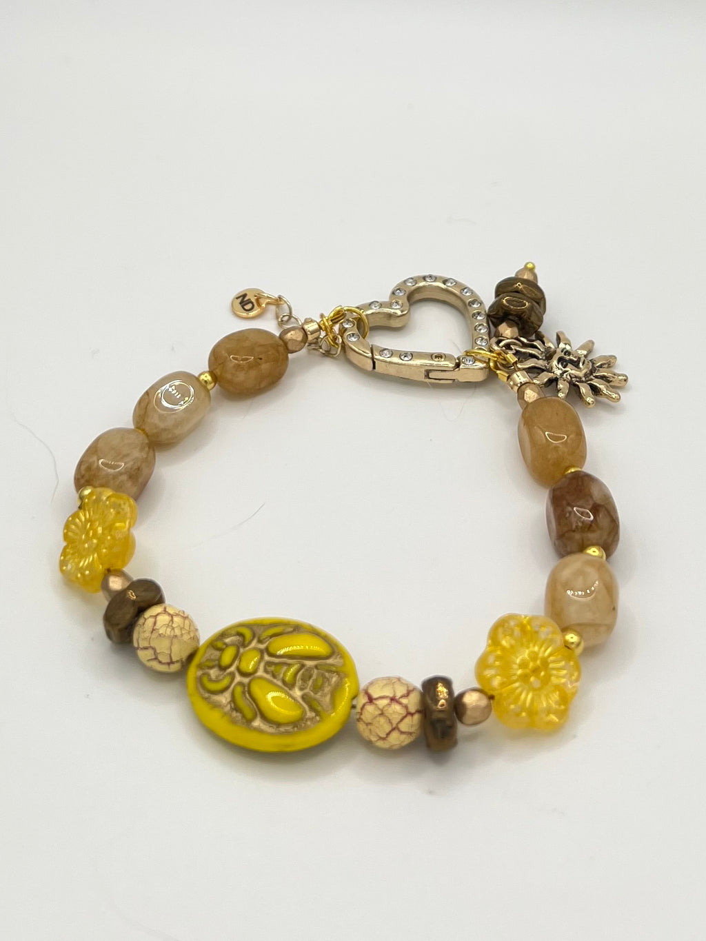 Golden Yellow Bee Beaded Bracelet with Heart Clasp, Sun Charm & Citrine Beads