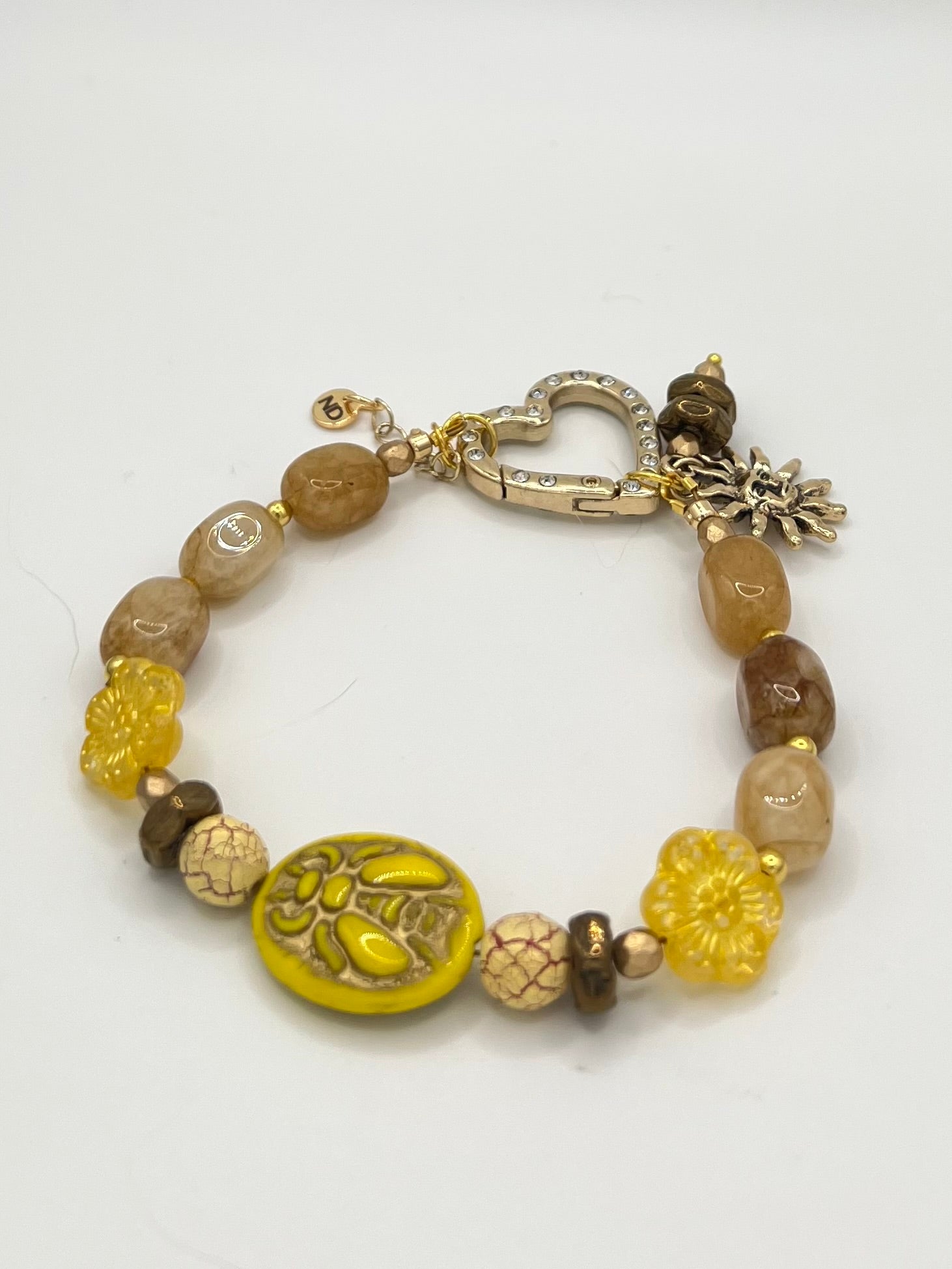Golden Yellow Bee Beaded Bracelet with Heart Clasp, Sun Charm & Citrine Beads