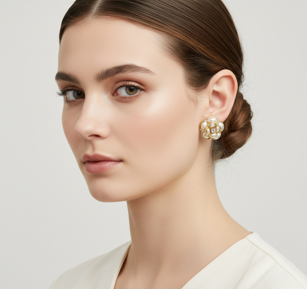 Floral Gold Tone Faux Pearl & Rhinestone Stud Earrings
