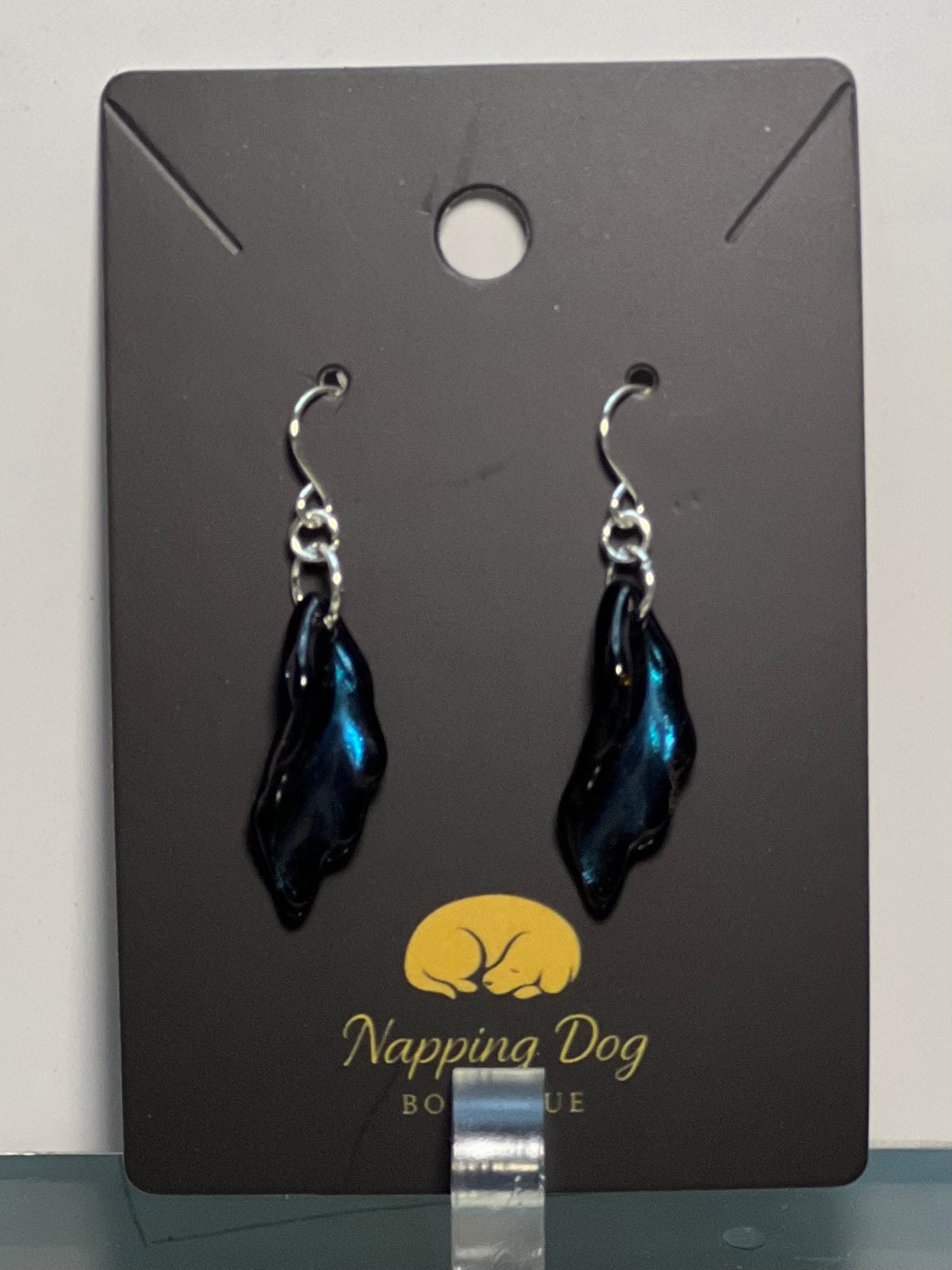 Black Glass Leaf Dangle Earrings with Blue Shimmer – Silver-Tone Earrings
