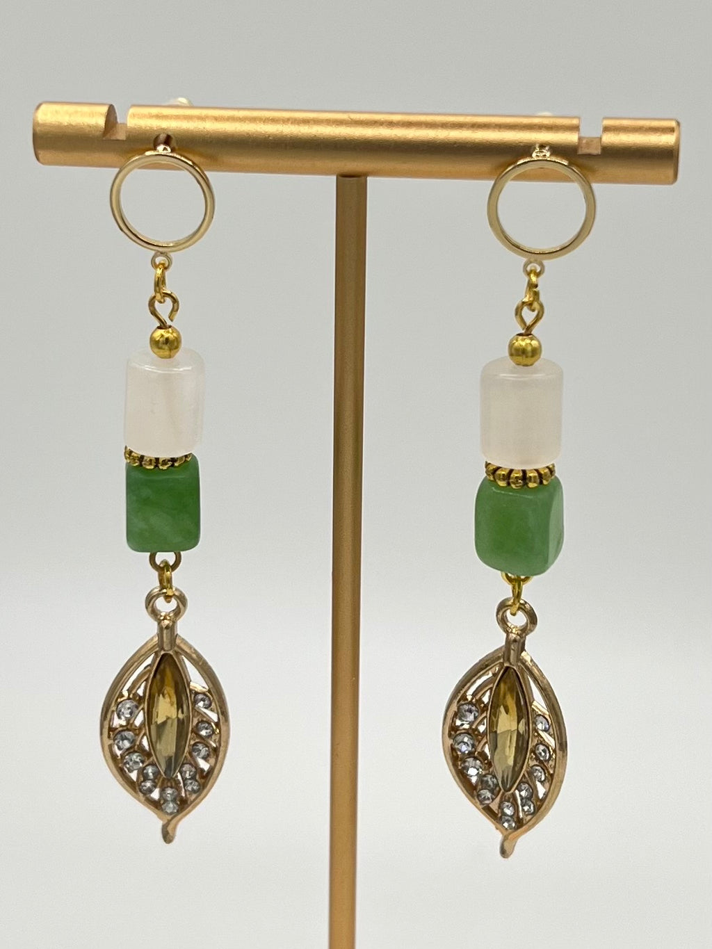Natural Peridot & White Calcite Drop Earrings with Gold Tone Leaf Charm