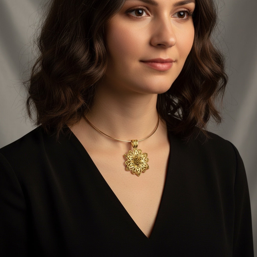Antique Gold Floral Pendant Choker Necklace – Adjustable Statement Necklace