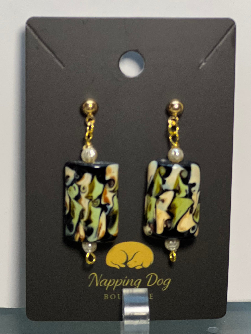 Ceramic Abstract Pattern Dangle Earrings with Pearl Accents – Gold-Tone Earrings