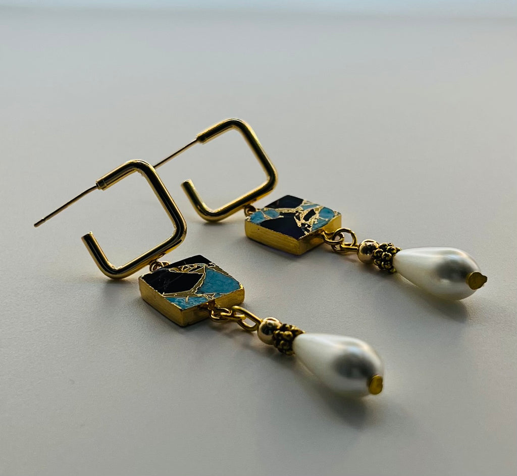 Purple and Turquoise Dangle Earrings with Faux Pearl Accents