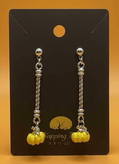 Yellow Ceramic Pumpkin Long Dangle Earrings – Silver-Tone Fall Earrings