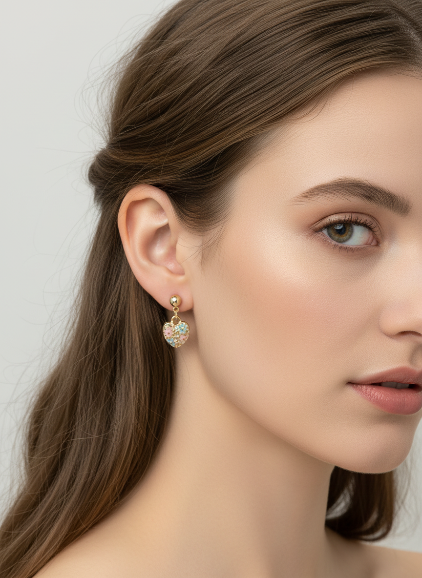 Gold Floral Heart Drop Stud Earrings