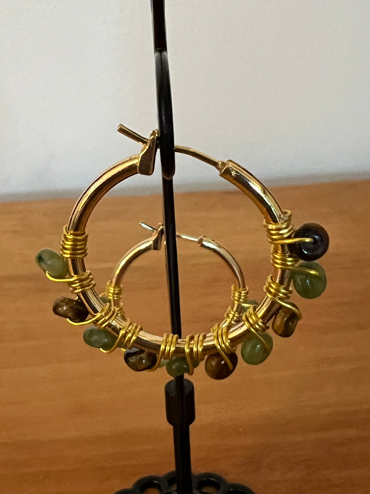 Tiger Eye & Olive Jade Wire-Wrapped Hoop Earrings - Golden Harvest Collection
