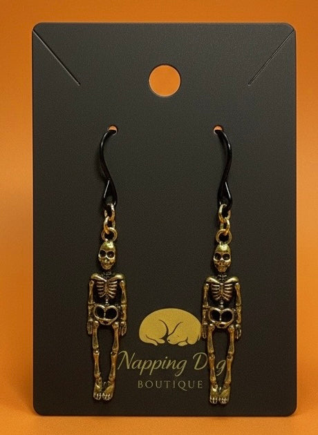 Antique Gold Skeleton Dangle Earrings – Black Ear Wire Halloween Earrings