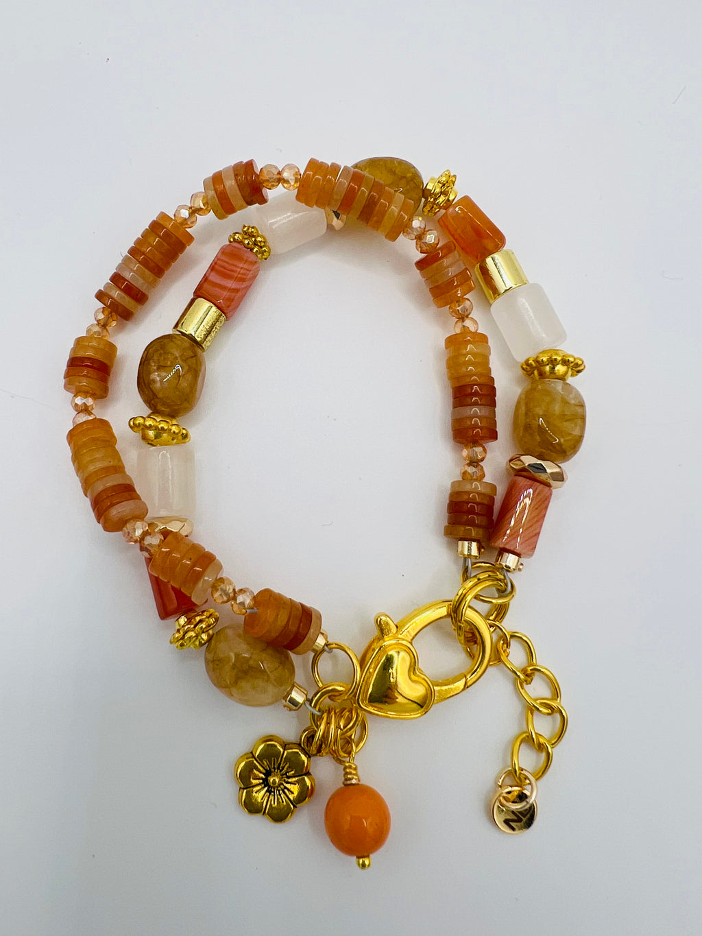 Two-Strand Natural Stones Bracelet with Antique Gold Flower Charm
