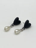 Black Heart & Pearl Drop Earrings