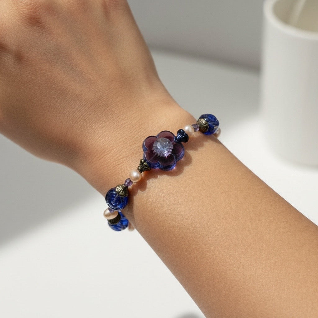 Purple Czech Glass & Peach Pearl Bracelet – Gold-Plated Floral Bracelet