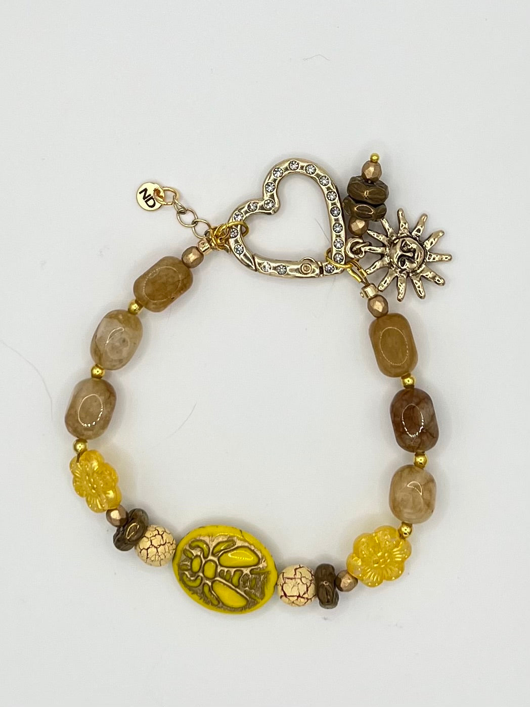 Golden Yellow Bee Beaded Bracelet with Heart Clasp, Sun Charm & Citrine Beads