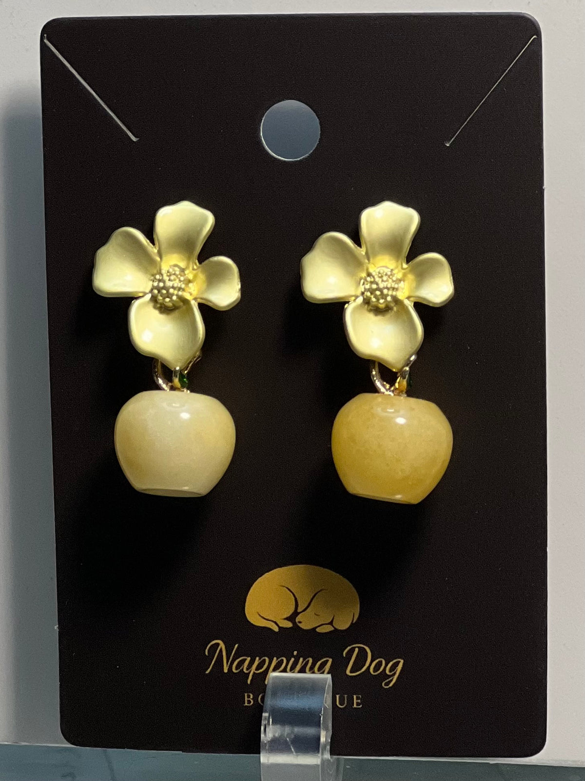 Yellow Jade Dangle Earrings with Gold-Tone Flower Posts – Natural Stone Earrings