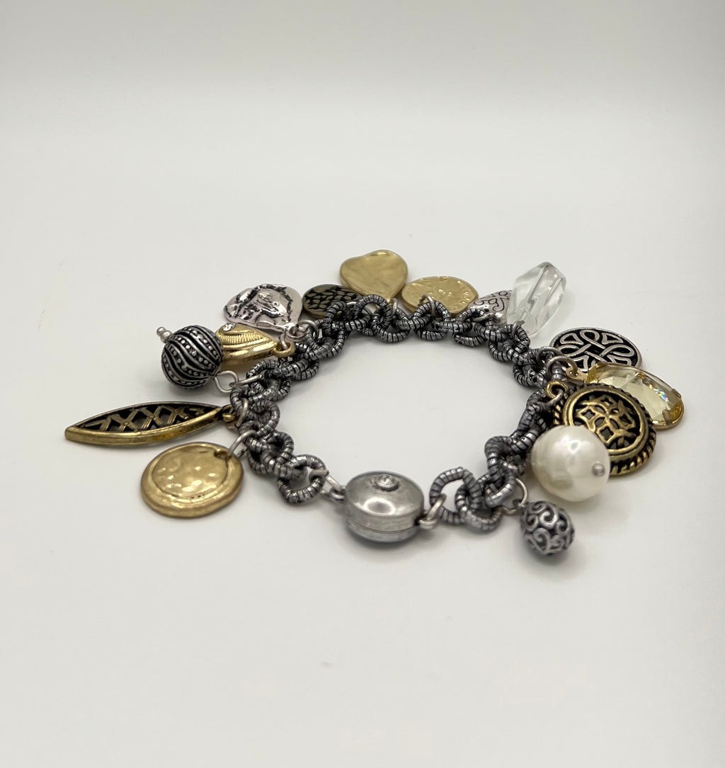 Mixed Metal Charm Bracelet with Pearl & Crystal Accents and Magnetic Clasp