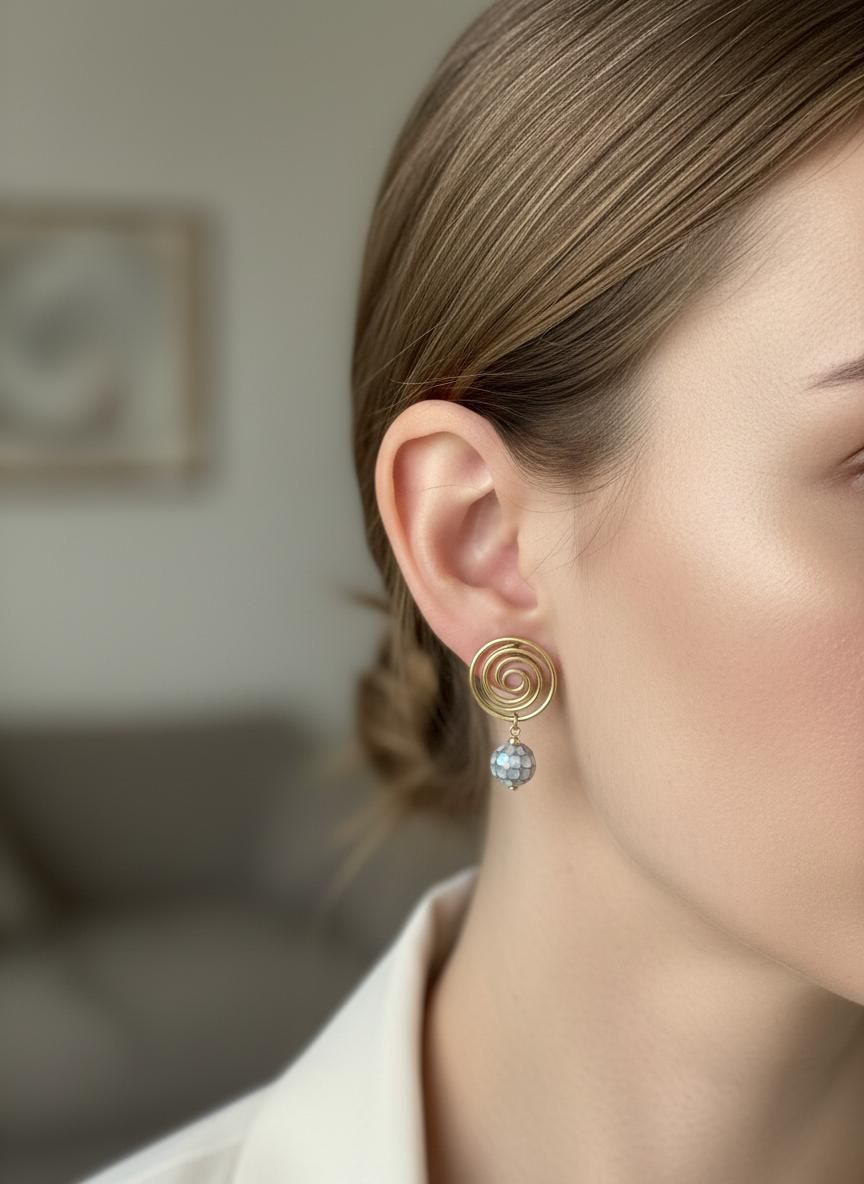 Matte Gold Spiral Drop Earrings with Blue Mother of Pearl Mosaic Bead
