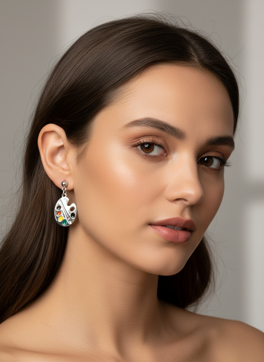 Artist Paint Palette Stud Earrings – Silver Tone Enamel Art Lover Earrings