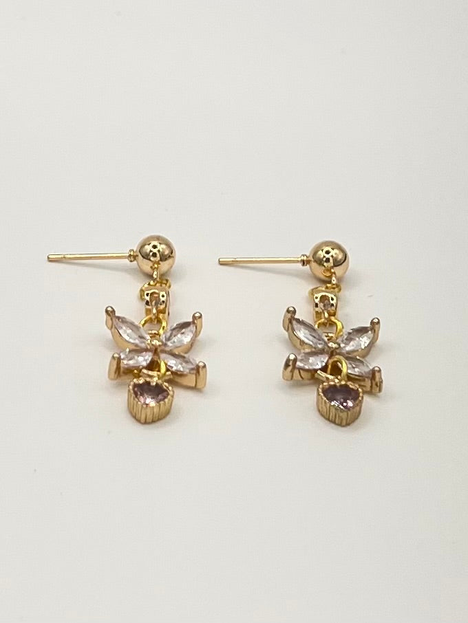 Gold Floral Crystal Dangle Earrings with Pink Heart Accent