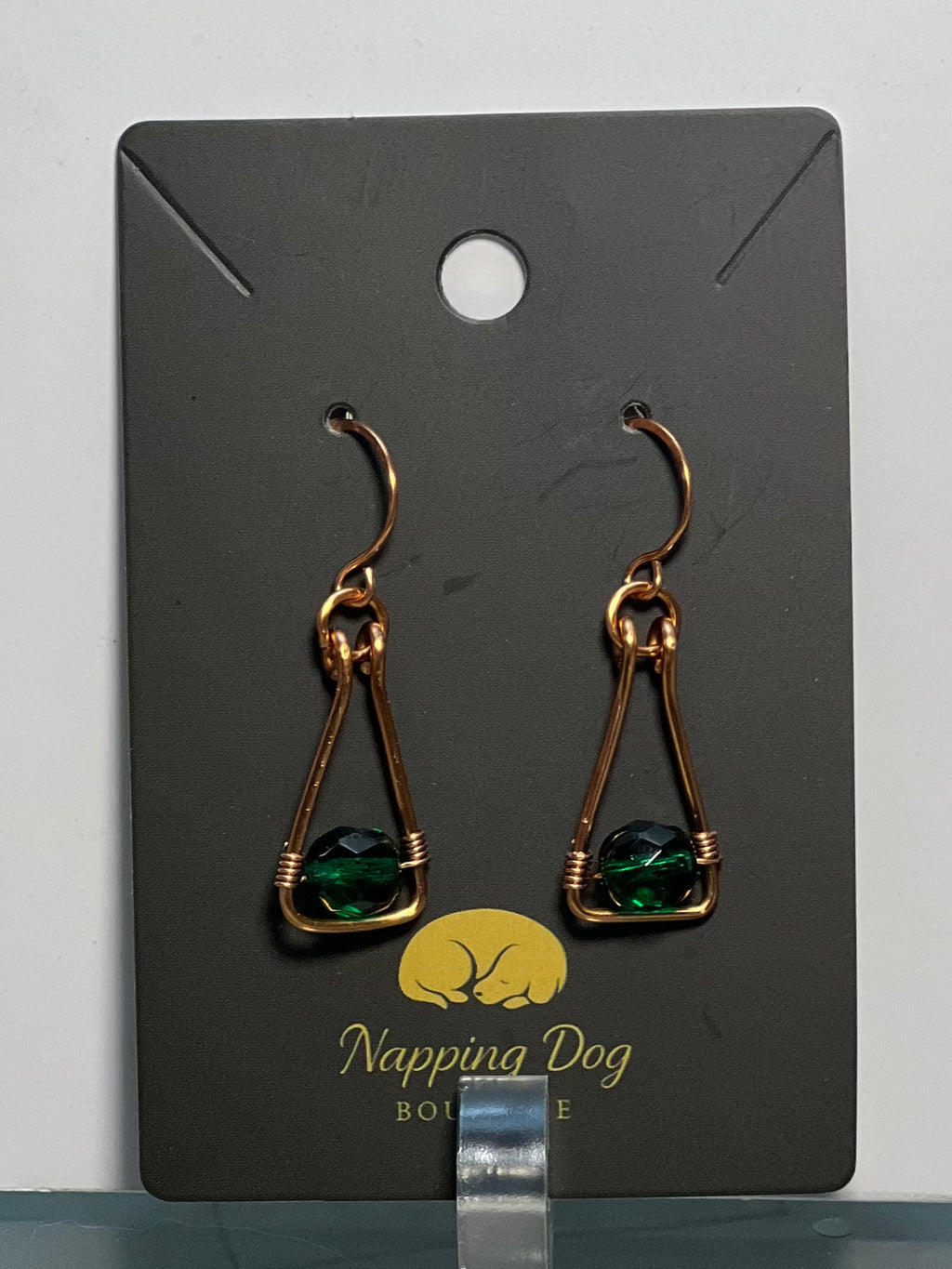 Hand Twisted Copper Earrings with Green Bead Accent