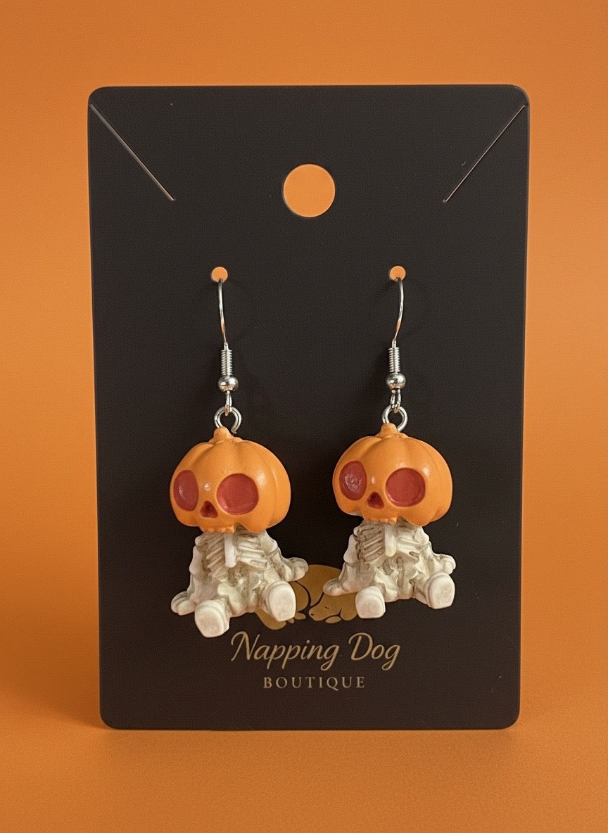 Pumpkin Skeleton Dangle Earrings – Halloween Novelty Earrings