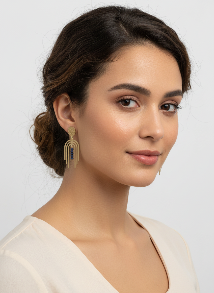 Gold Arch Dangle Earrings with Iolite Beads