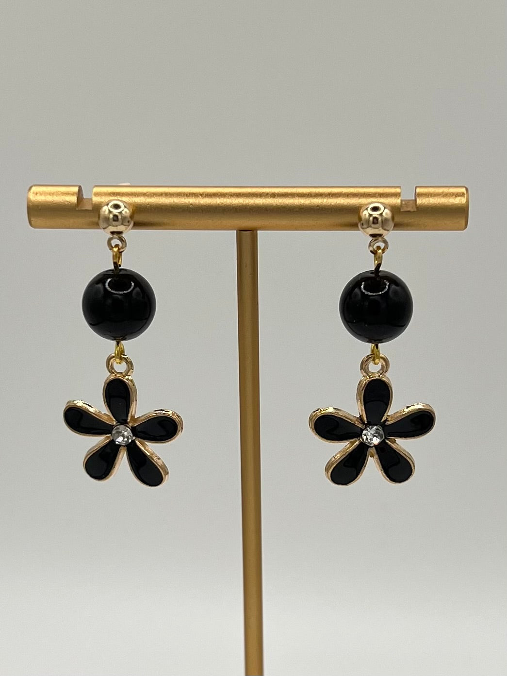 Black Flower Dangle Earrings with Gold & Rhinestone Accents