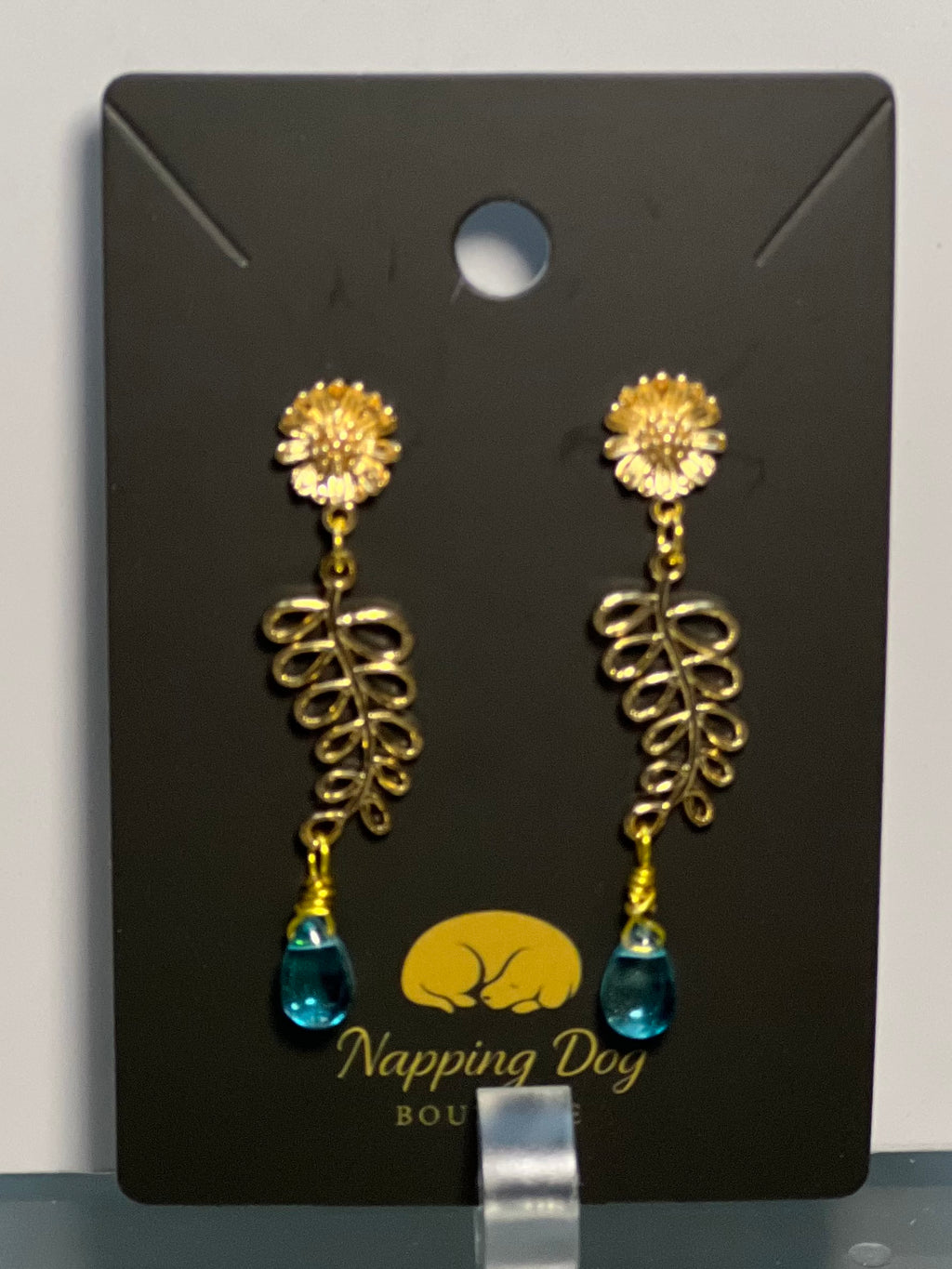 Gold-Tone Floral Leaf Dangle Earrings with Teal Glass Drops