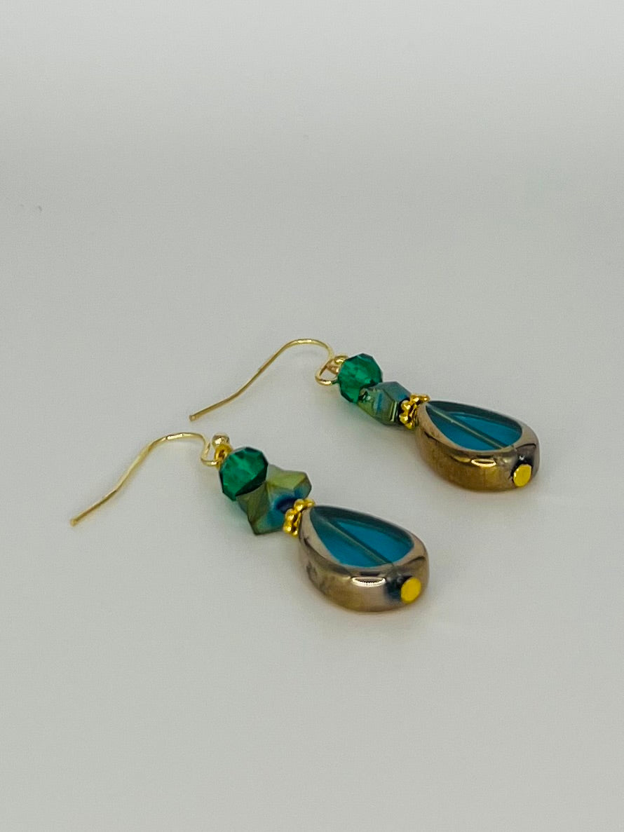 Gold and Multi Shades of Green Dangle Earrings