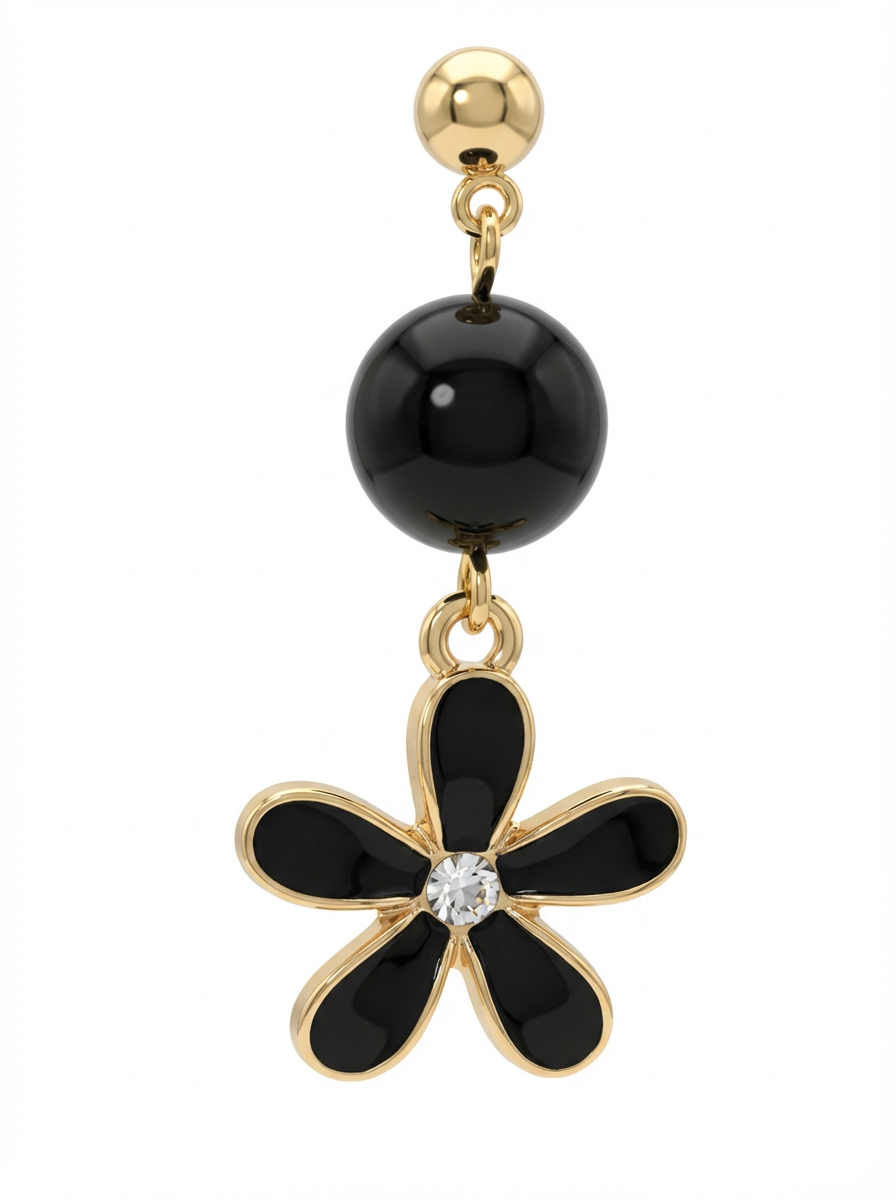 Black Flower Dangle Earrings with Gold & Rhinestone Accents