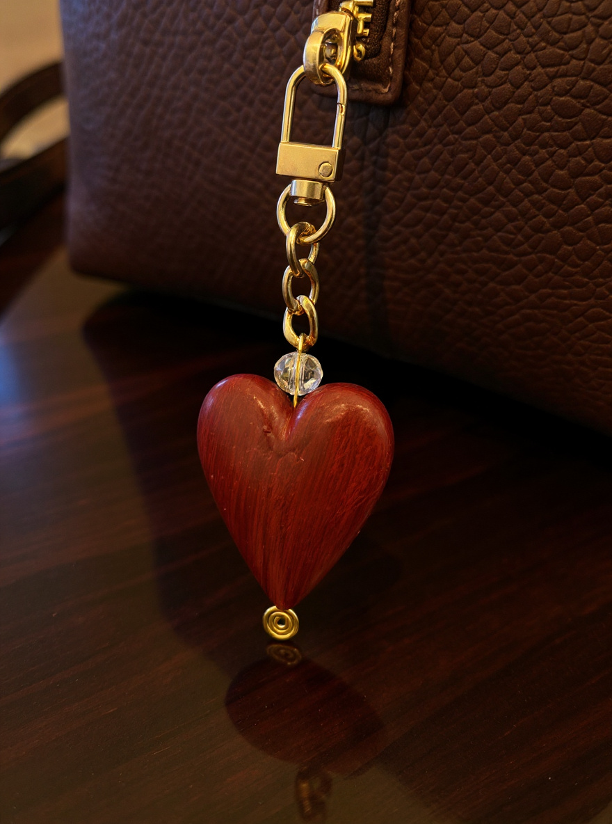 Gold Tone and Large Wooden Red Heart Keychain