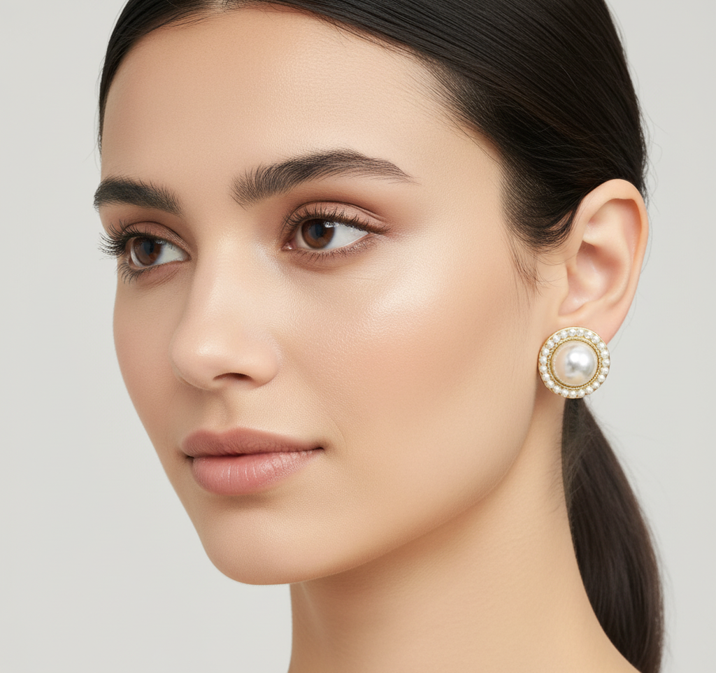 Gold Tone Faux Pearl Stud Earrings with Beaded Halo