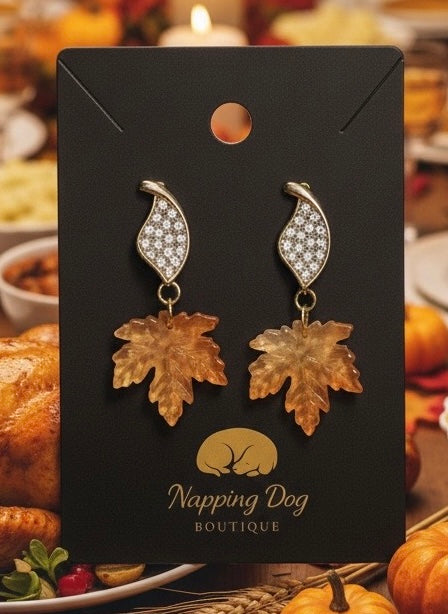 Glass Maple Leaf Dangle Earrings – Gold-Tone Crystal Accent Earrings