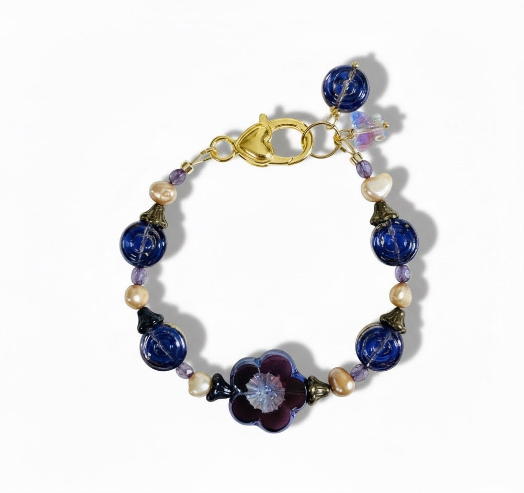Purple Czech Glass & Peach Pearl Bracelet – Gold-Plated Floral Bracelet
