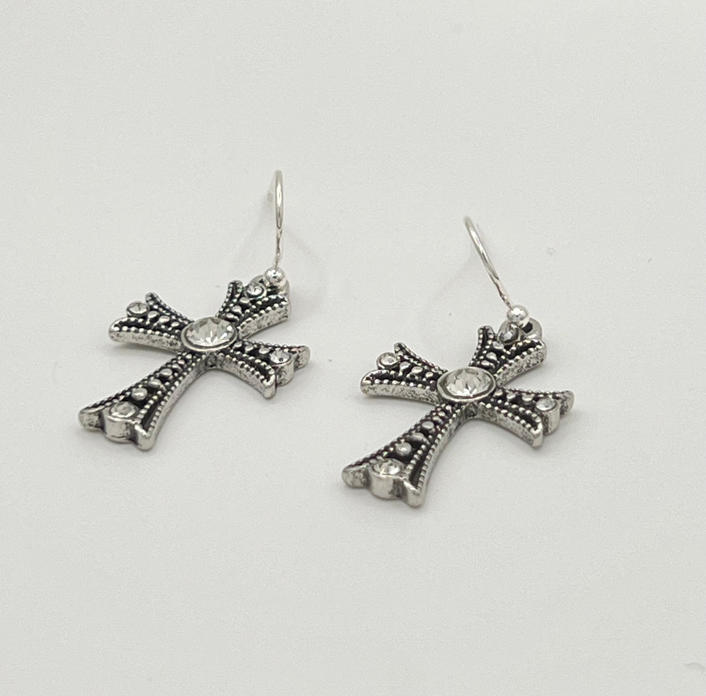 Artisan-Style Antique Silver Cross Earrings