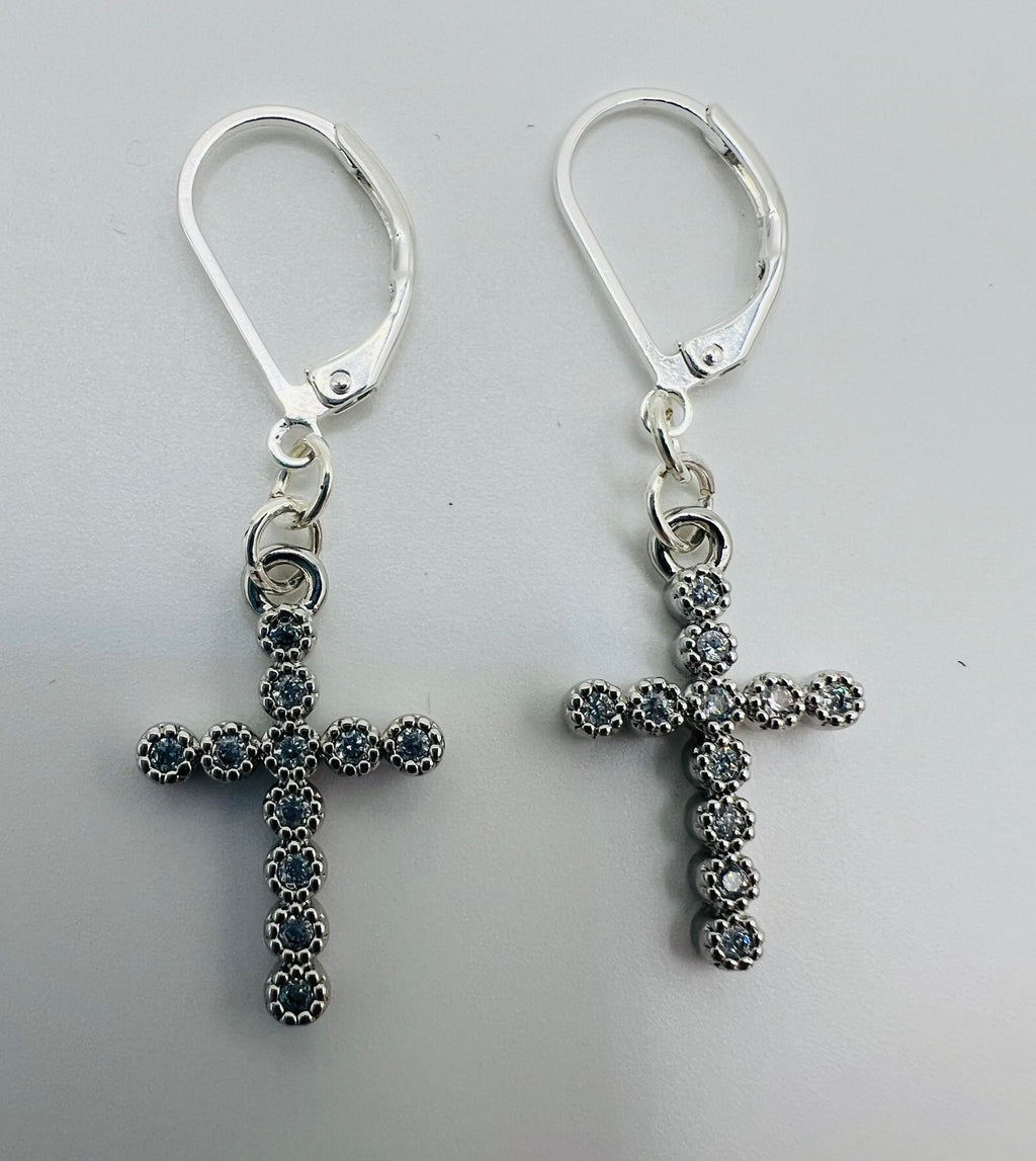 Silver Tone and Rhinestone Cross Drop Earrings