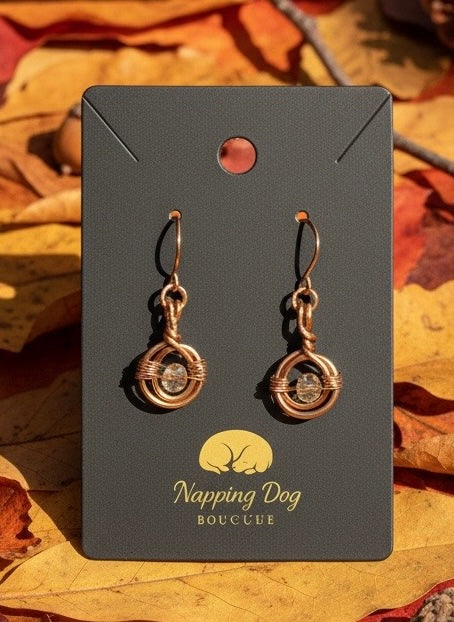 Hand-Wired Copper Spiral Dangle Earrings with Faceted Beads
