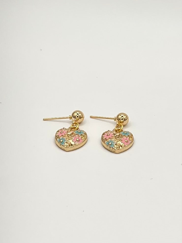 Gold Floral Heart Drop Stud Earrings