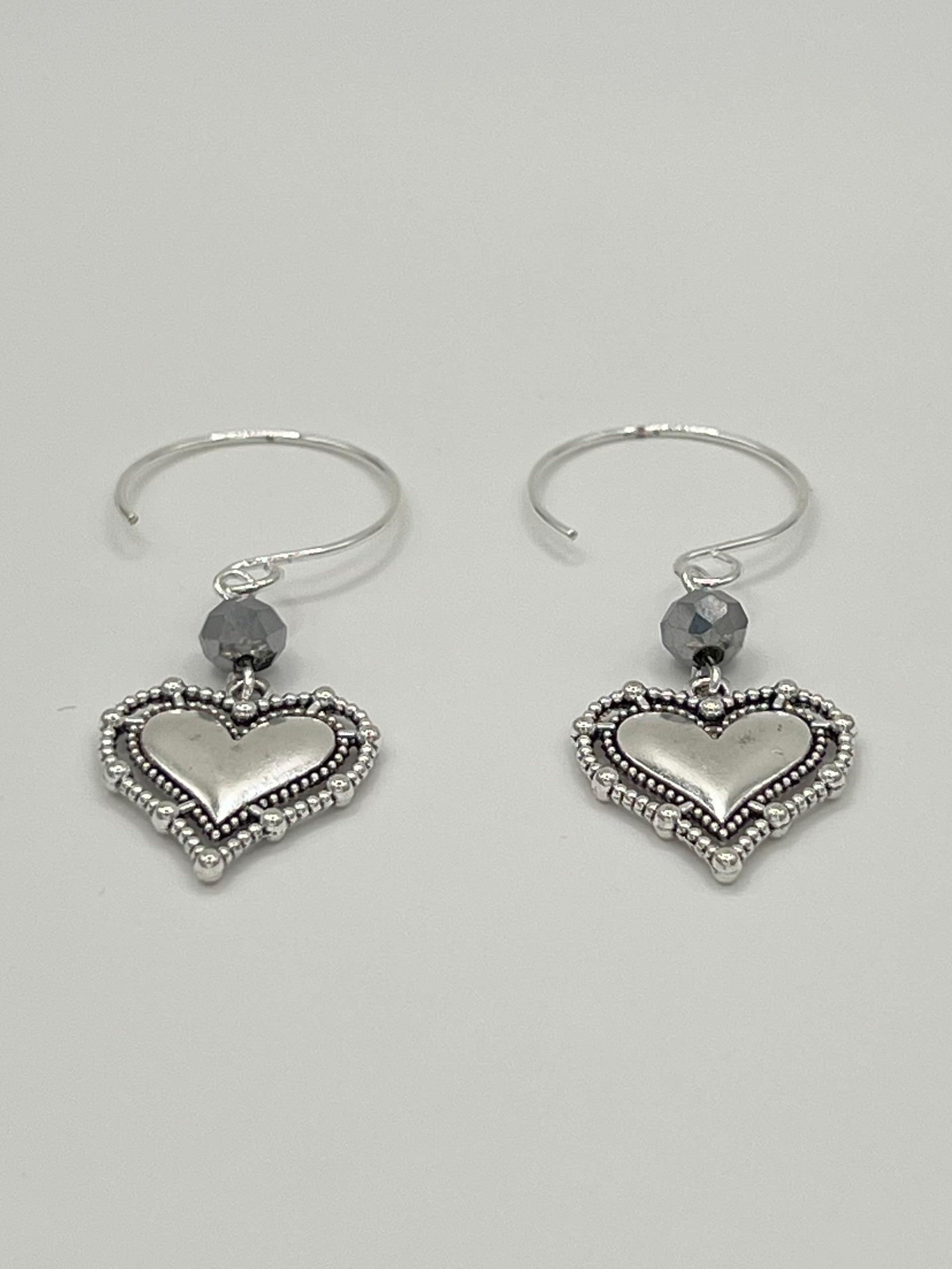 Silver Tone Heart Dangle Earrings with Faceted Bead