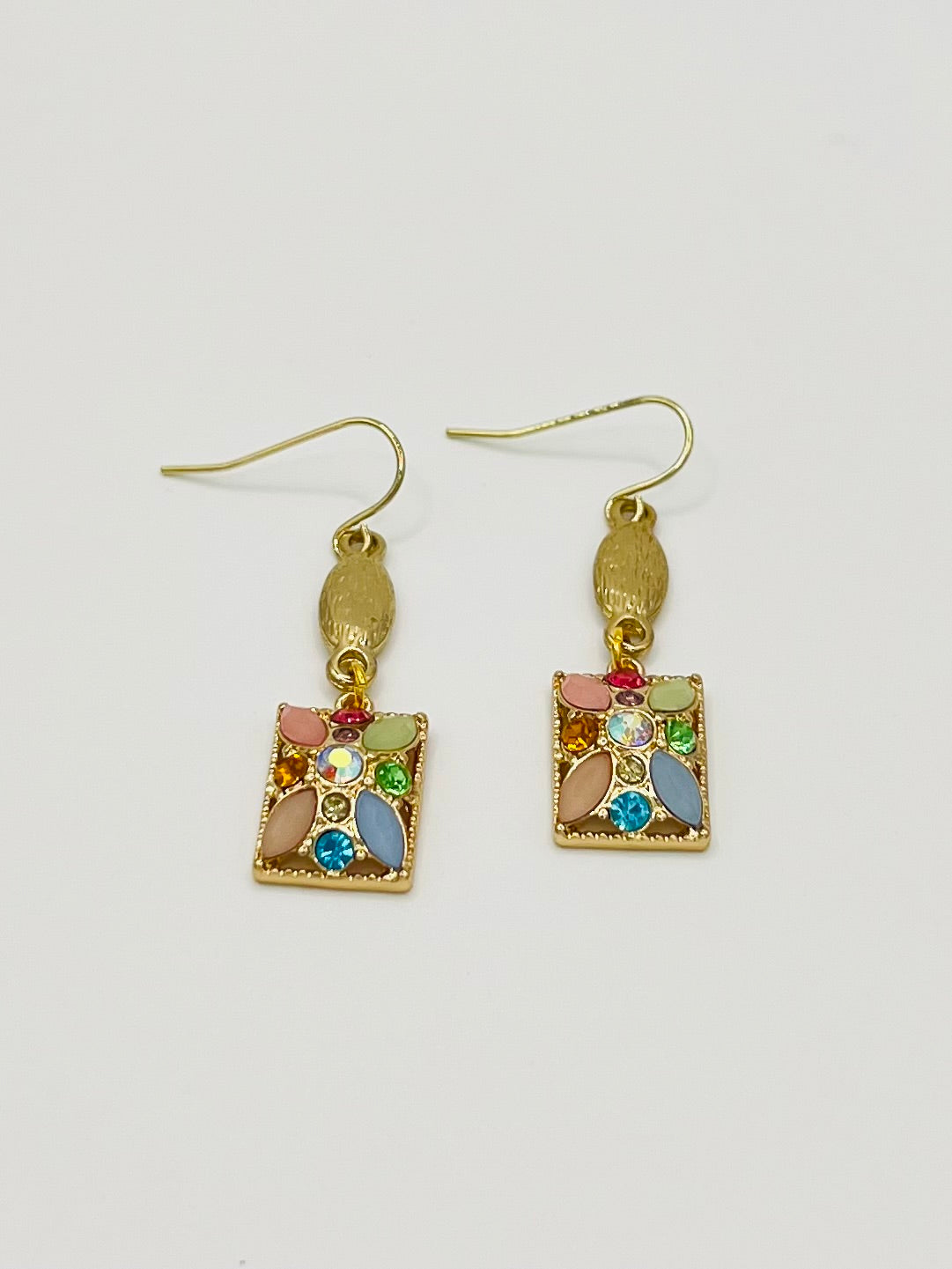 Gold Multi-Color Crystal Mosaic Dangle Earrings