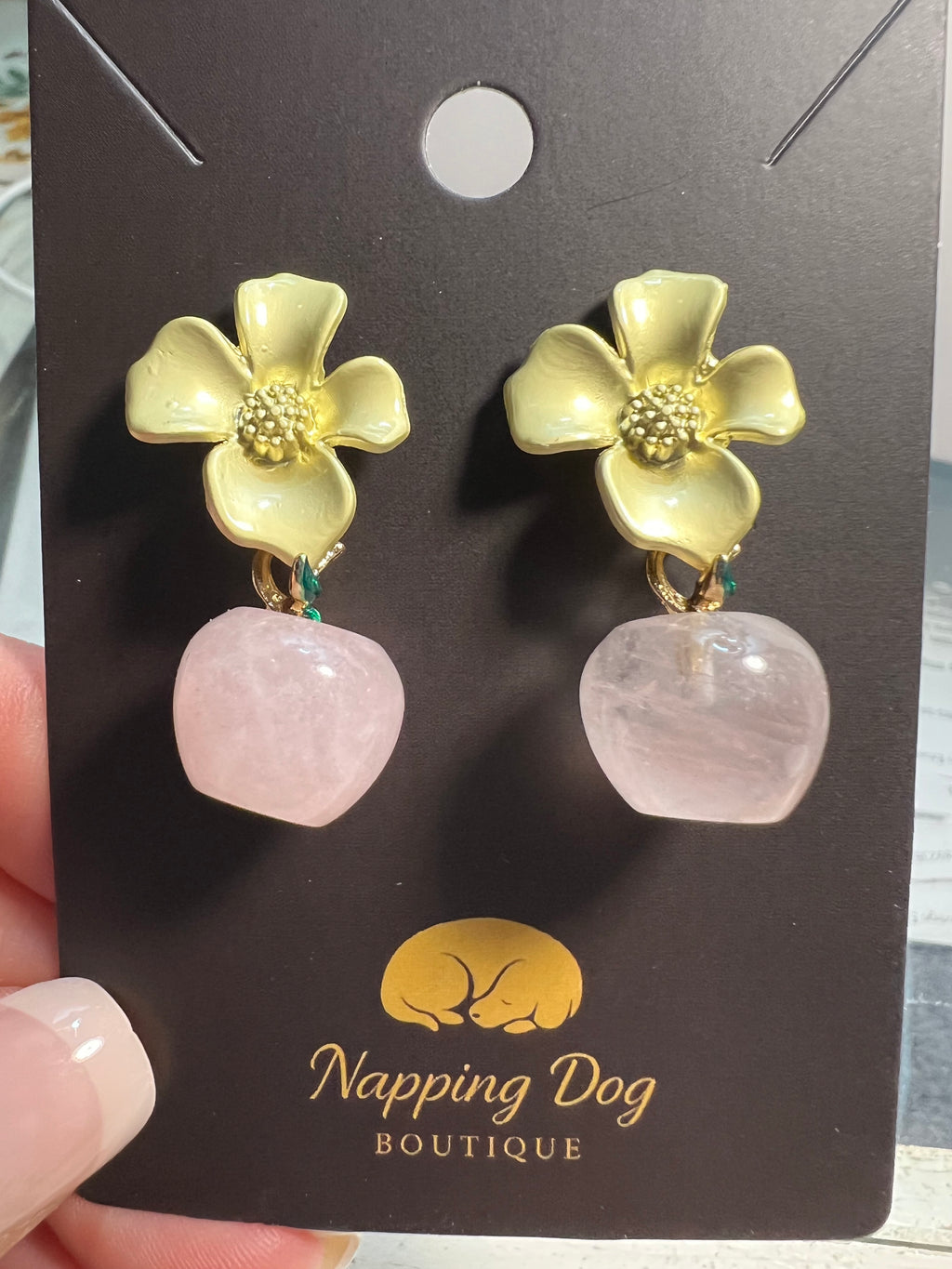 Rose Quartz Dangle Earrings with Gold-Tone Flower Posts – Natural Stone Earrings