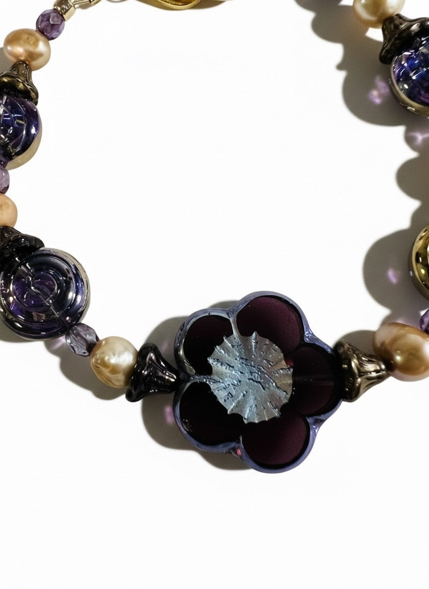 Purple Czech Glass & Peach Pearl Bracelet – Gold-Plated Floral Bracelet
