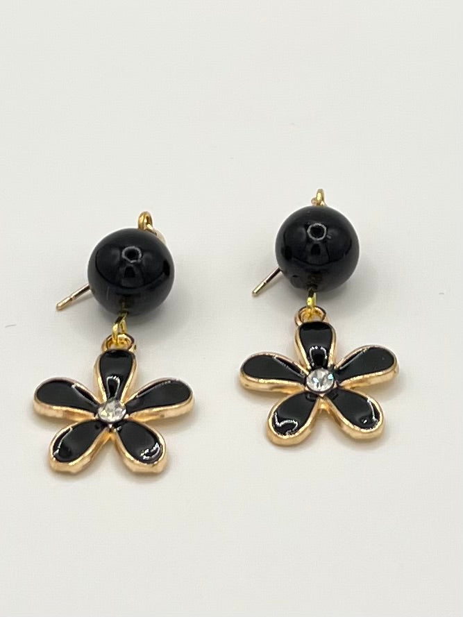 Black Flower Dangle Earrings with Gold & Rhinestone Accents