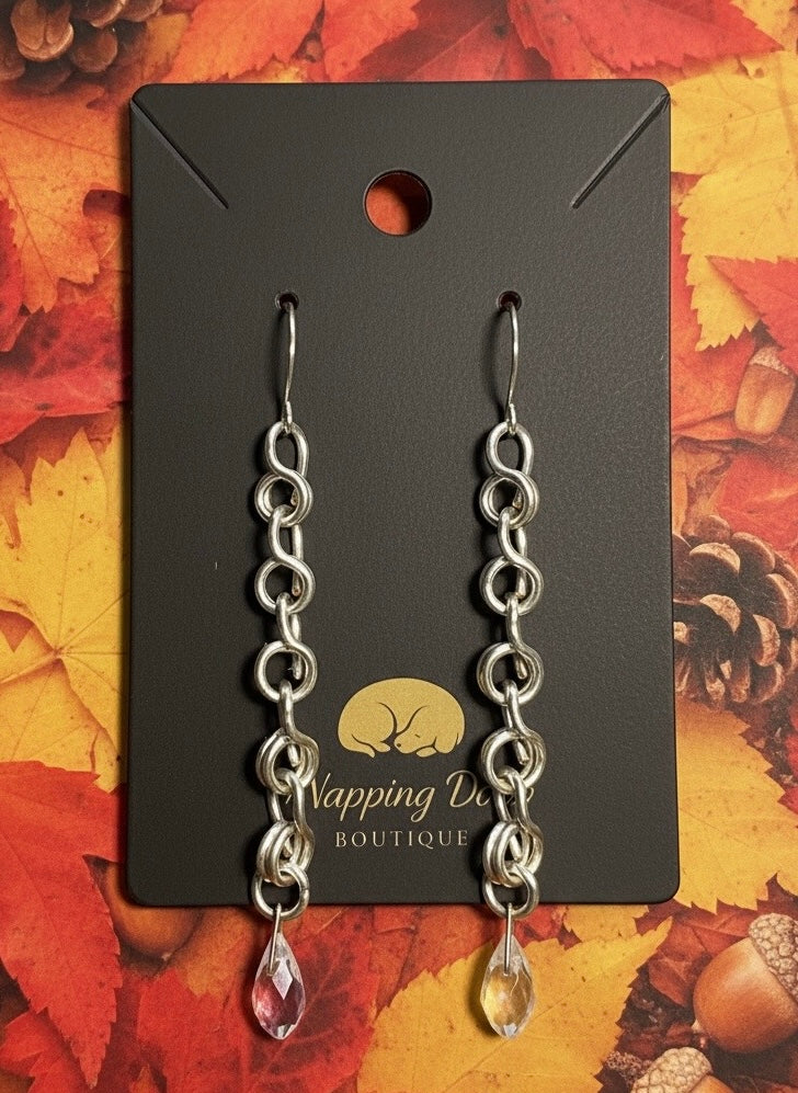 Hand-Wired Silver-Tone Chain Dangle Earrings with Glass Teardrops