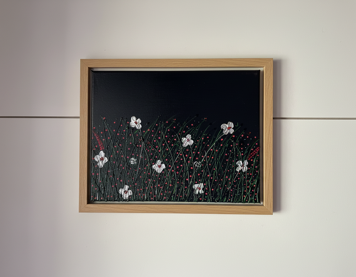Textured Floral Field Acrylic Painting (11x14”) – Modern Black Canvas with Silver Blossoms & Red Accents