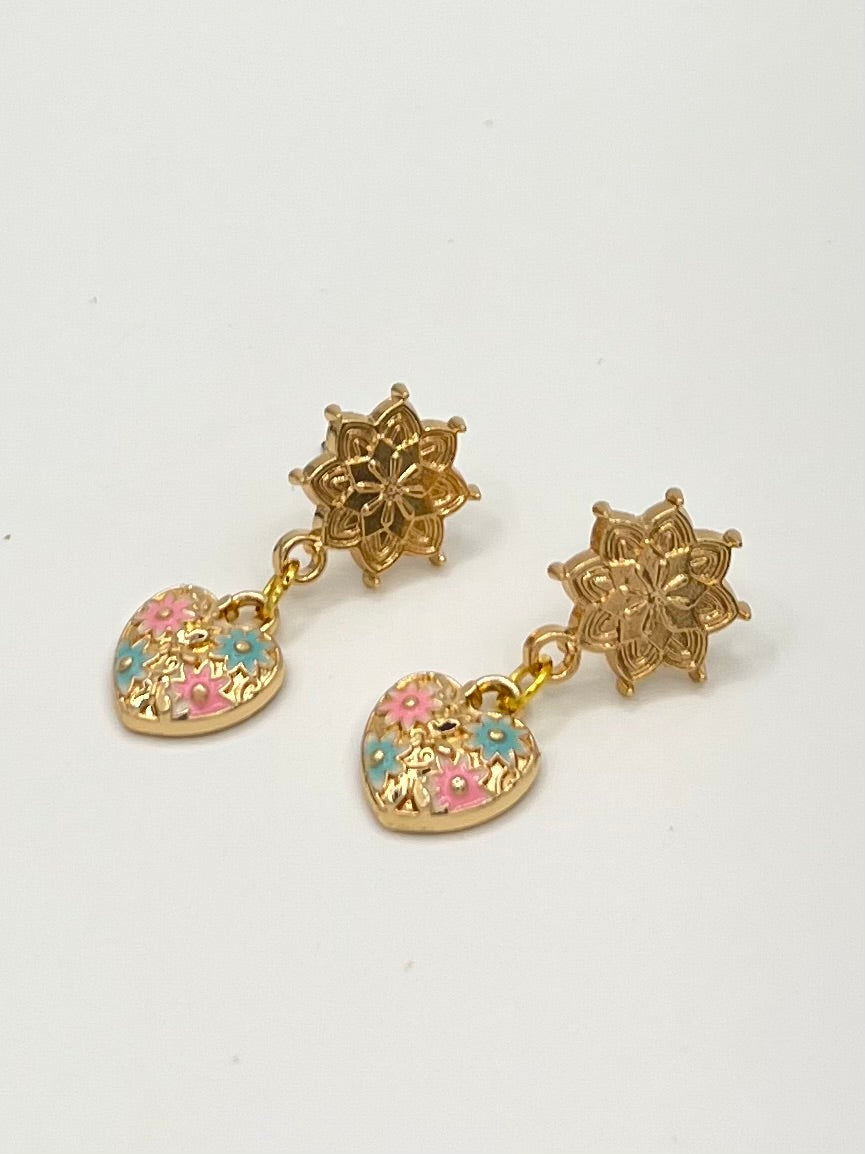 Gold Floral Heart Drop Earrings